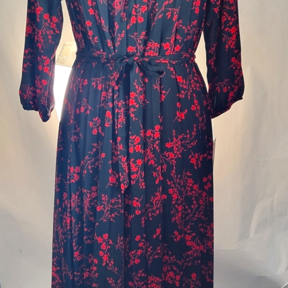 Nanette Lepore Floral Midi Dress Size 6 Black Red Pleated Tie Waist Long Sleeve - Picture 4 of 5